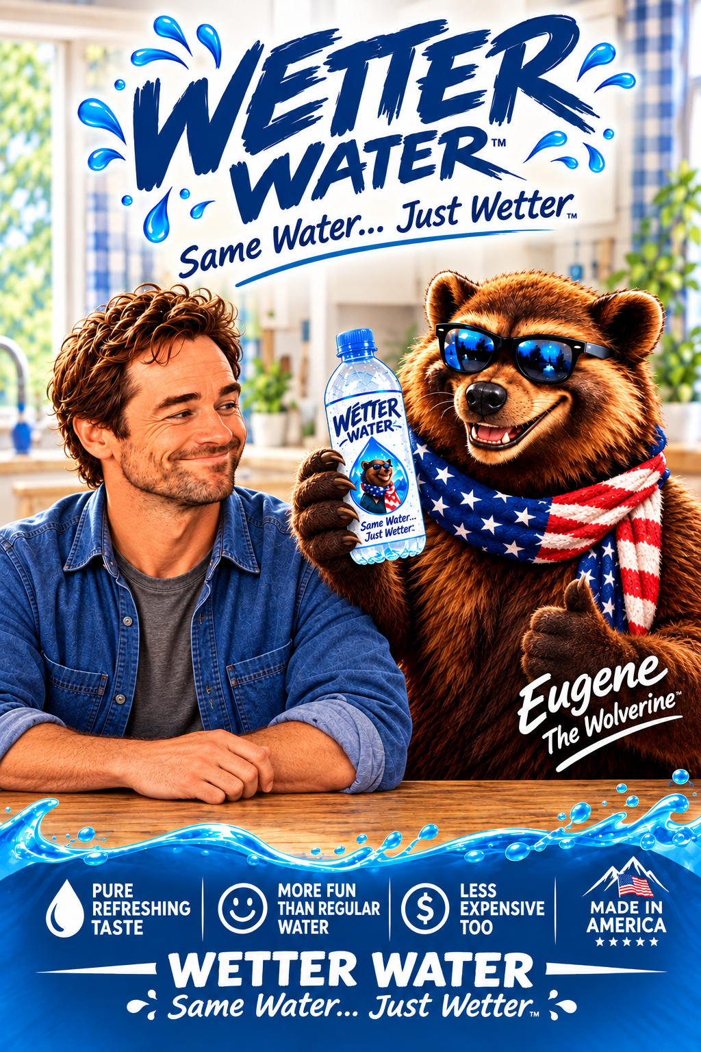 Wetter Water poster featuring Todd and Eugene the Wolverine, sunglasses, an American flag scarf, and a bottle of Wetter Water.