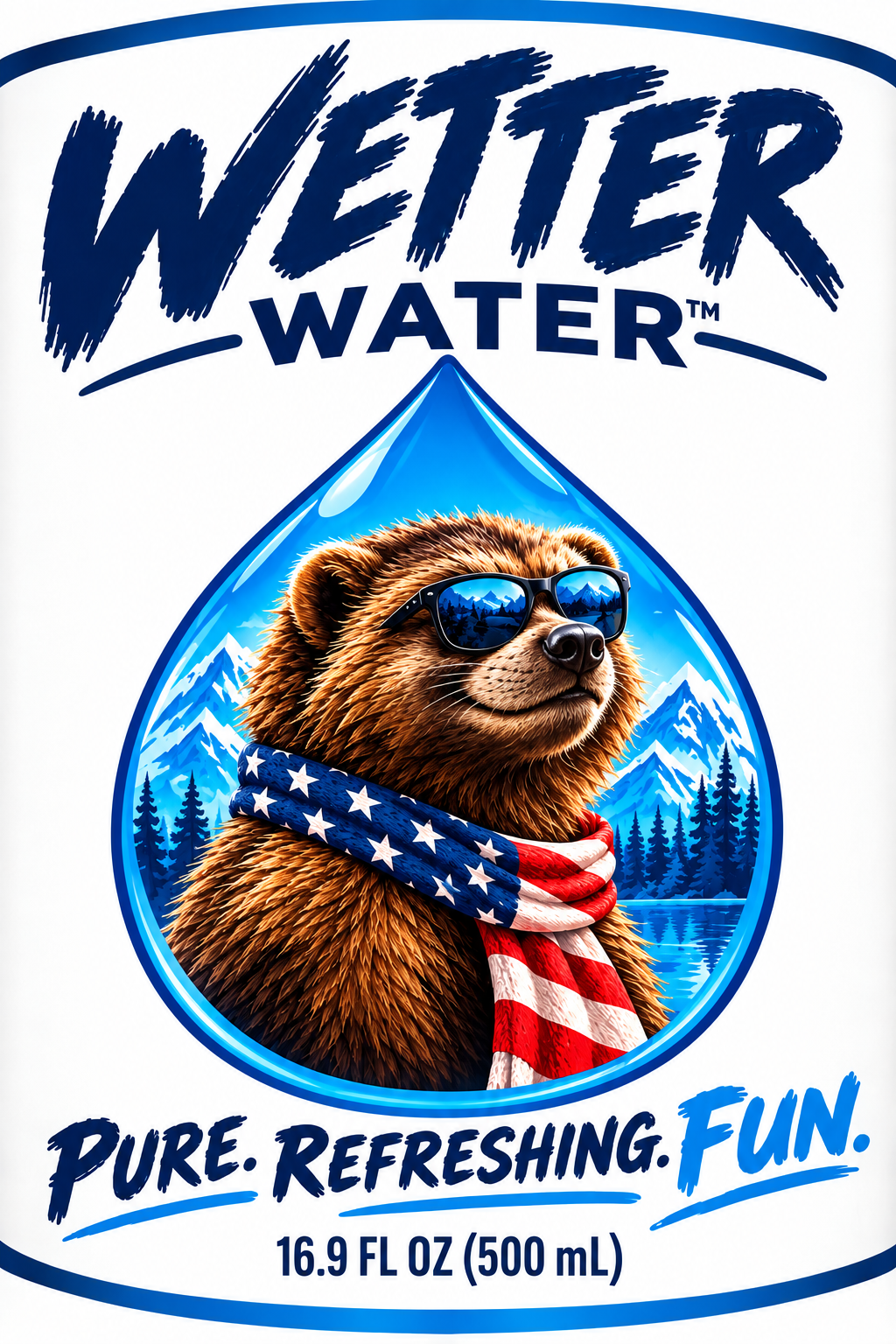 Wetter Water bottle label with Eugene in a blue water drop and the words Pure. Refreshing. Fun.
